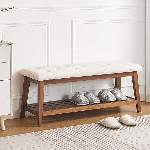 kinmars Upholstered Bench for Bedroom End of Bed,42.5-inch Entryway Bench for Living Room,Dining Bench with Padded Seat and Solid Wood Leg for Kitchen Bedroom,Indoor and Hallway (Shoe Bench, Beige)