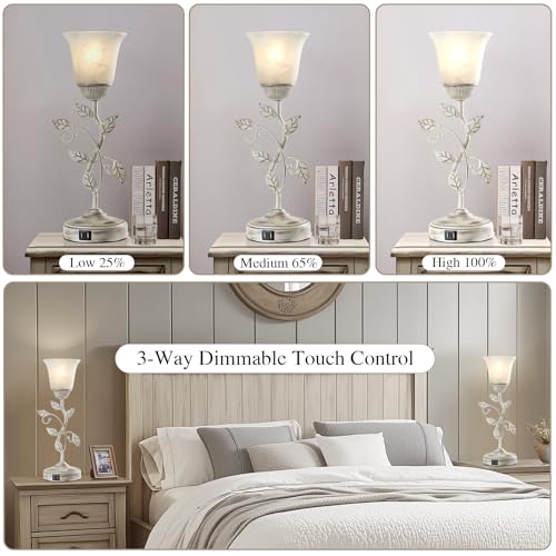 RORIANO Set of 2 Rustic Touch Table Lamps for Bedroom, 3-Way Dimmable Nightstand Flower Lamp with 2 USB Ports, Retro White Glass Shade Leaf Lamp for Living Room Entryway, 2 LED Bulb Included