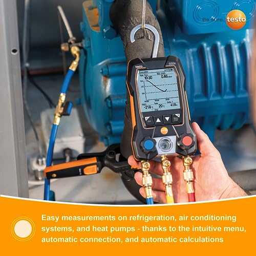 testo 550s AC Manifold Gauge Set – Manifold Gauges Hvac and Refrigeration – Incl. 2x testo 115i Pipe Clamp Thermometer, 1x testo 552i Micron Gauge and a Set of 3 Hoses – with Bluetooth