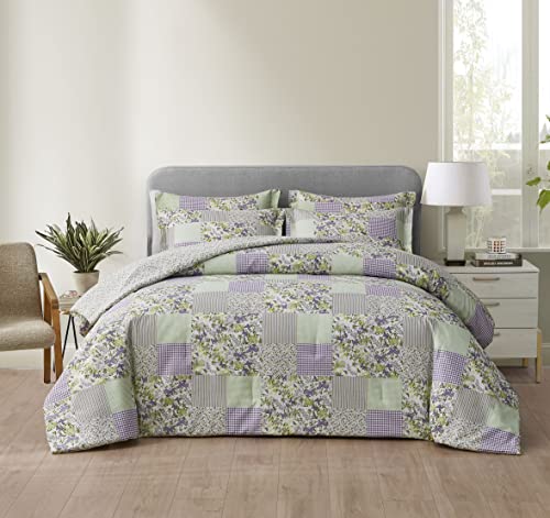 Chezmoi Collection Daisy 2-Piece Printed Patchwork Comforter Set - Purple Butterfly Botanical Candy Stripe Checkered - Microfiber Lightweight Reversible Bedding, Twin Size
