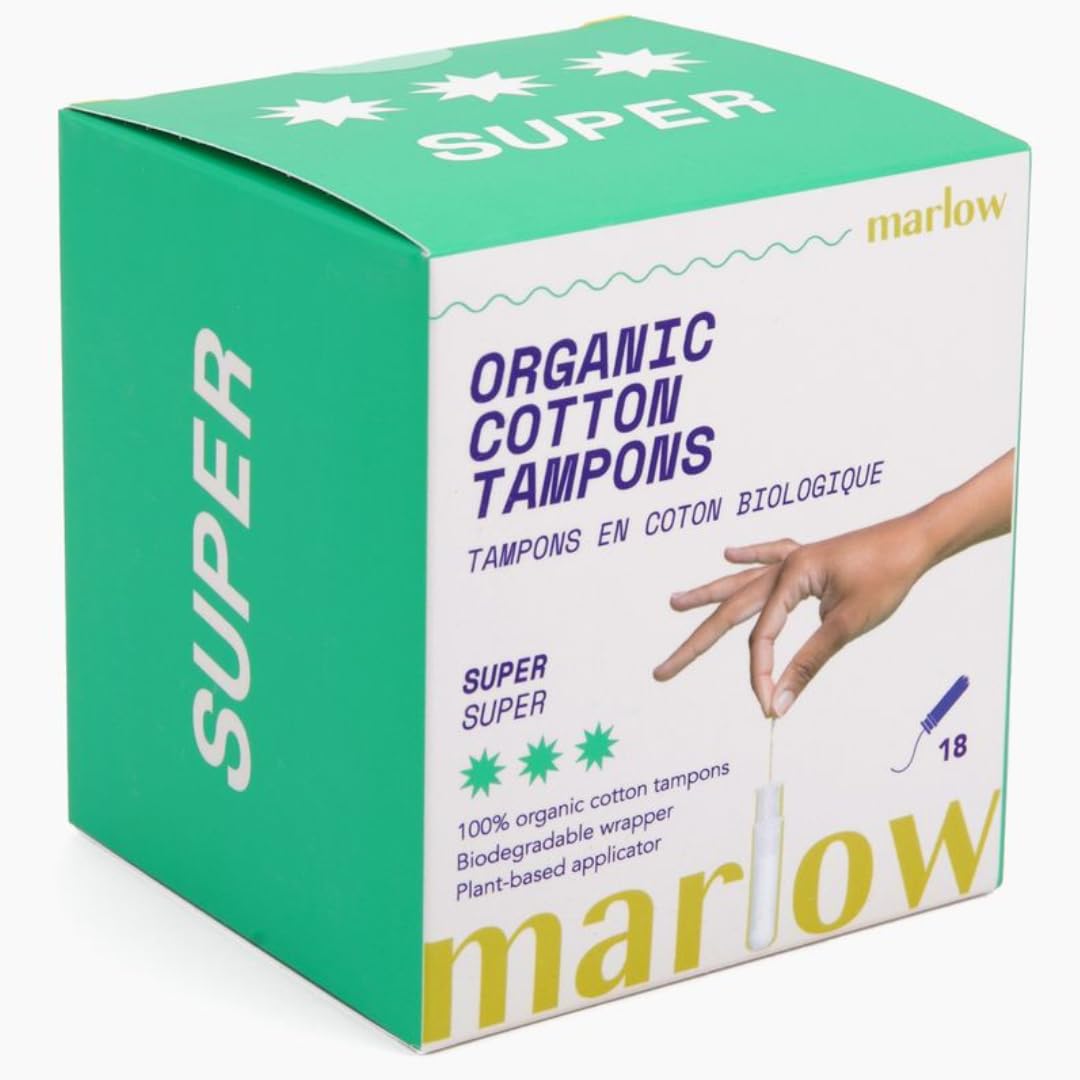 Award Winning 100% Organic Cotton Easy Glide Tampons with Compact Plant Based Applicator | Biodegradable Wrapping | 18 Count, Fragrance Free, Chlorine Free, Toxin Free | SuperTampon | by Marlow