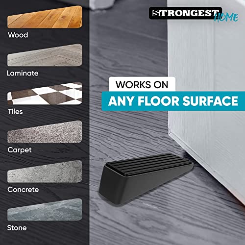 Strongest Door Stopper, Heavy Duty Door Stop Wedge Made of Premium Quality Zinc and Rubber Suits Any Door,Any Floor. Set of 2 and Additional Self Adhesive Wall Protectors (Black, 2 Pack)