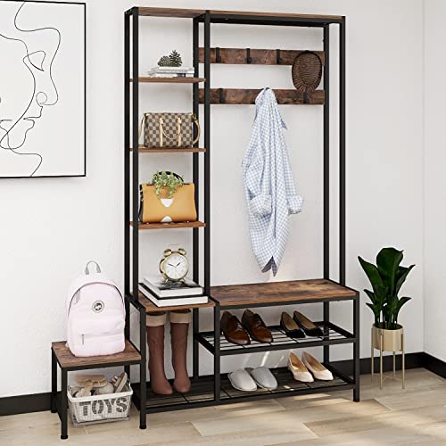 Espelism Hall Tree with Shoe Storage Bench Coat Rack with 7 Hooks Interchangeable 4 Tier Side Storage Shelves Small Cute Side Bench Industrial 5-in-1 Entryway Coat Rack for Hallway Mudroom Bedroom