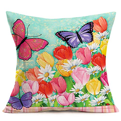 Smilyard Flower Butterfly Throw Pillow Covers Watercolor Daisy Tulip Farmhouse Cushion Cover Cotton Linen Spring Floral Pillow Case Set of 2 18x18 Inch Outdoor Animal Pillowcase (Butterfly 2Pcs)