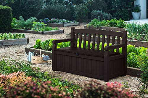 Keter Solana 70 Gallon Storage Bench Deck Box for Patio Furniture, Front Porch Decor and Outdoor Seating – Perfect to Store Garden Tools and Pool Toys, Brown/Brown