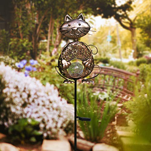 KAIXOXIN Garden Solar Lights Metal Cat Crackle Glass Globe Stake Lights,Waterproof Warm White LED Solar Path Lights (Cat-Bronze)
