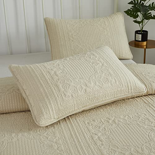 Brandream Twin Size Quilt Set Cotton Beige Matelasse Bedspread Coverlet Set Elegant Quilt Bedding Set 2-Piece
