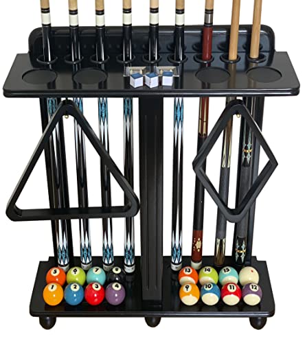 GACCO BILLIARDS Floor Pool Cue Rack Hold 9 Cue Sticks & Billiard Accessories. Corner Stand Pool Cue Holder Made of 100% Solid Hardwood with Billiard Scorer.CUE RACK ONLY (Black)