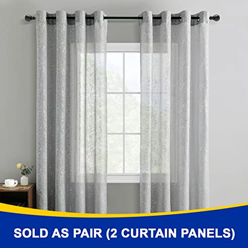 Silver White Sheer Curtains for Bedroom - Metallic Silver Foil Sparkle Sheer Curtains 63 Inch Length, Grommet Sparkle Curtain Panels for Window, 52 x 63 Inch, 2 Panels, Silver White