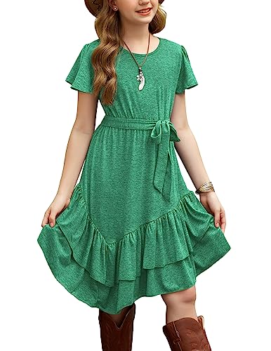 Arshiner Girl Dress Fashion Fall Swing Dresses Ruffle Midi Dresses with Belt for 5-14 Years Dark Blue