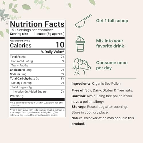 Organic Bee Pollen Granules, 1lb | Pure Fresh Harvest, Natural Superfood, Raw Sweet Flavor | Rich in B Vitamins, Minerals, Protein, & Antioxidants | Keto, Non-GMO