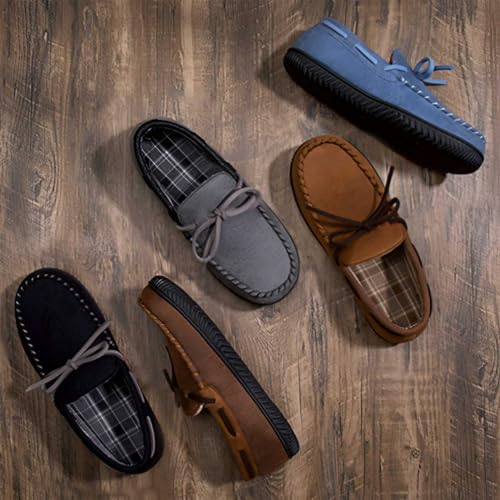ULTRAIDEAS Men's Luke Microsuede Moccasin Slippers with Tie Indoor Outdoor, Camel, 8