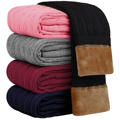 Resinta 1 Pair Toddler Girls Cotton Fleece Lined Leggings Thick Thermal Pants Warm Cable Knit Velvet Tights Black