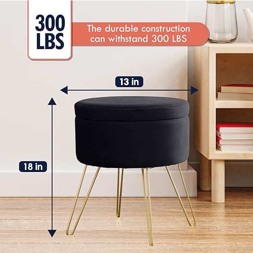 Ornavo Home Modern Round Velvet Storage Ottoman Foot Rest Stool/Seat with Gold Metal Legs & Tray Top Coffee Table - Black