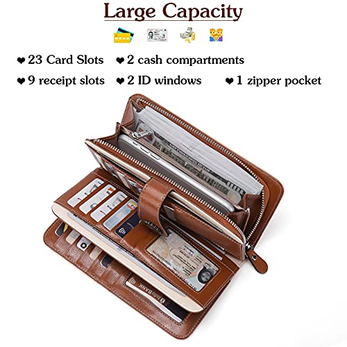 BOSTANTEN Womens Wallet Genuine Leather Large Capacity Wristlet Clutch Purse Credit Card Holder with RFID Blocking Beige-Brown