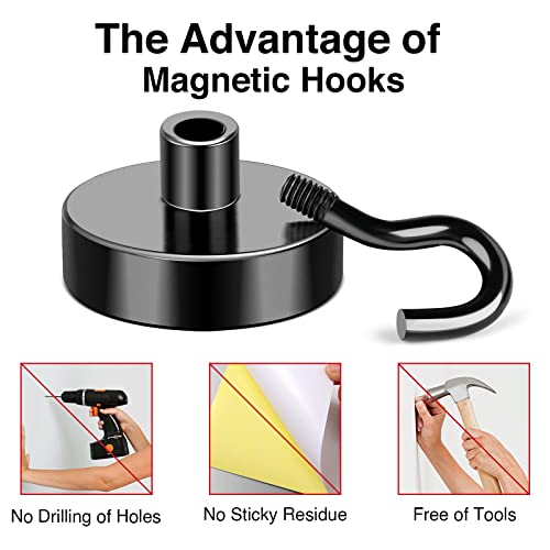 MIKEDE Magnetic Hooks, 25Lbs+ Black Heavy Duty Earth Magnets with Hook for Refrigerator, Strong Neodymium Magnetic Cruise Hooks for Hanging, Curtain, Grill and Kitchen - Pack of 4