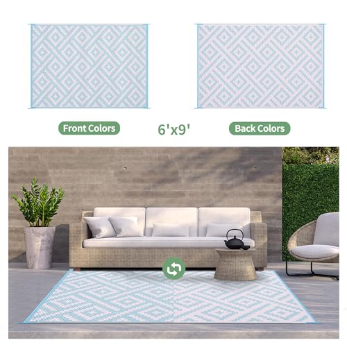 GENIMO Outdoor Rug 4x6 Waterproof, Reversible Mats, Outdoor Area Rug, Plastic Outside Carpet, Eeometric Rv Mat for Patio Camping Rv Picnic Backyard Deck Balcony Porch Beach (Navy Blue & White)