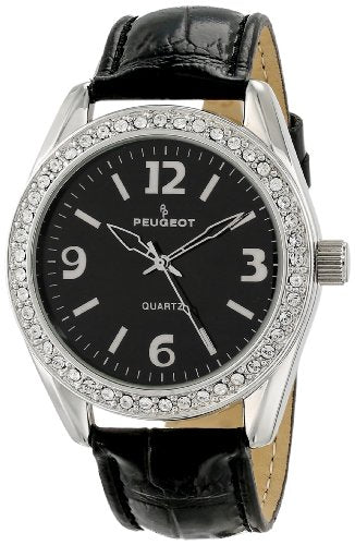 Peugeot Womens Boyfriend Large Face Case Dress Wrist Watch with Swarovski Crystal Bezel & Thick Leather Strap Band