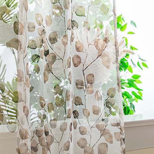 Yancorp Leaf Curtains 79 Inch Length for Living Room 2 Panels Tulle Vine Window Leaf Prints Sheer Curtains Set Transparency Sheer Drapes(Khakileaves,W39 X L79)