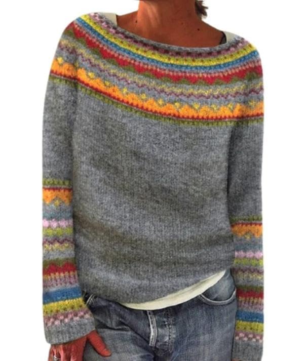 DMOYALA Fair Isle Sweater Women Colorful Fair Isle Printed Sweater Boat Neck Long Sleeve Cropped Sweater Plus Size Casual Loose Pullover Sweater Gray S