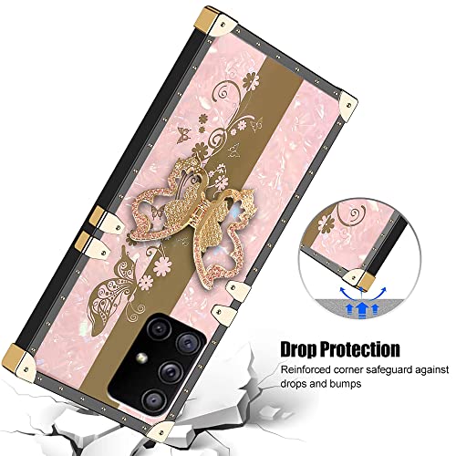 FLYING FLIER for Samsung Galaxy A71 5G Case, 3D Floral Bling Glitter Ring Kickstand Holder, with Square Rivet Shockproof Protective Case Elegant Slim TPU Phone Case for Girls Women (Floral-Pink)