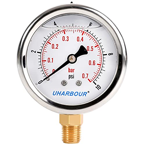 UHARBOUR Glycerin Filled Vacuum Pressure Gauge, 2-1/2" Clear dial,1/4" NPT Back Connection, Stainless Steel Case, Brass Movement, Dual Scales -30HG/60PSI……
