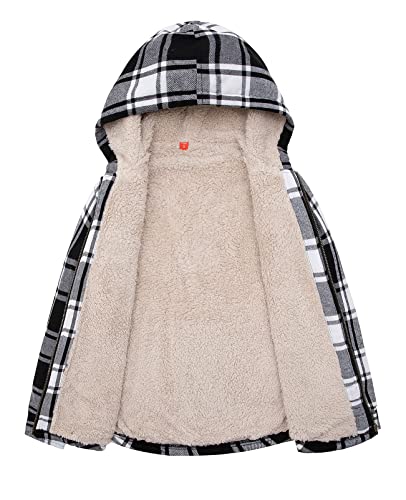 ZENTHACE Girls Sherpa Fleece Fall Winter Flannel Jacket Kids Buffalo Plaid Flannel Shirt Hoodie Zip Up Sweatshirt Black White S Size 5-6