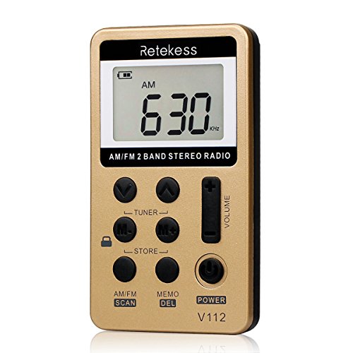 Retekess V112 AM FM Radio Portable, Mini Radio with Earphone Pocket, Digital Tuning Rechargeable Battery LCD Display for Walking Jogging(Gold)