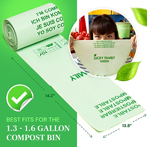 Lucky Family Green Compost Bags for Kitchen Countertop Bin -1.3 gallon trash bags to 1.6 Gallon trash bags - 100% Compostable Trash Bags for Food Waste, Organic Biodegradable Trash Bags - 50 Bags Roll