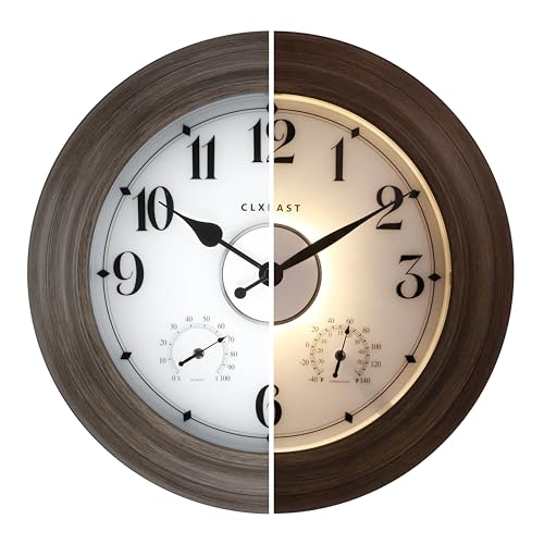 CLXEAST 24 Inch LED Illuminated Outdoor Clocks Waterproof with Thermometer & Hygrometer, Large Lighted Metal Wall Clock with Smart Light Sensor,Grey Oak Finish