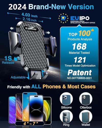 VANMASS Car Phone Holder 2024 Military-Grade Phone Holder for Your Car Windshield Dashboardใ 65 Lbs Strongest SuctionใใPatent & Safety Certsใ Universal Cell Phone Car Mount for iPhone Samsung Android