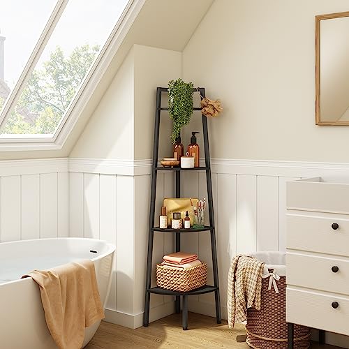 Hoctieon Corner Shelf, 4-Tier Corner Bookshelf, Rustic Corner Ladder Shelf, Industrial Display Shelf for Living Room, Kitchen, Home Office, Balcony, Small Space, Metal Frame, Black