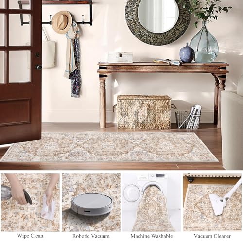 U'Artlines 2' x 6' Boho Hallway Runner Rug, Non Slip Washable Vintage Farmhouse Accent Area Rug Carpet for Kitchen Entryway Laundry and Living Room (Beige Khaki)