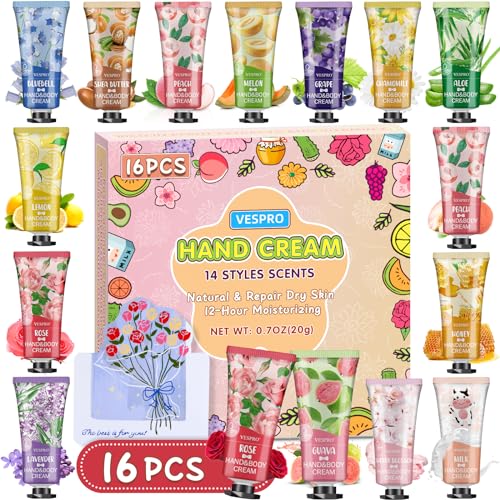 VESPRO 16 Pack Hand Cream Gifts Set For Women, Bulk Hand Lotion Travel Size for Dry Cracked Hands, Mini Hand Lotion for Birthday Gifts and Mother's Day Gifts with a Greeting Card