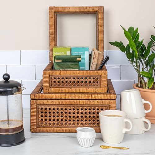 Creative Co-Op Modern Decorative Rectangle Woven Rattan and Wood Display Boxes with Glass Top, Set of 2 Sizes, Dark Brown Finish, Rectangular