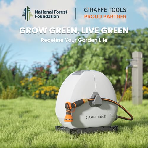 Giraffe Tools Retractable Hose Reel 1/2 Inch x 82FT,Heavy Duty Ground Mount Garden Hose Reel, Automatic Rewind, Any Length Lock, with 9-Function Sprayer Nozzle & Flexible Swivel Base