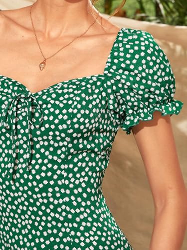 Floerns Women's Milkmaid Floral Print Puff Sleeve Square Neck Slit Hem Midi Dress Green XS
