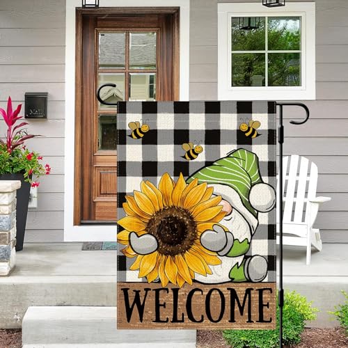 DLZDN Sunflower Gnome Garden Flag 12×18 Inch Double Sided Buffalo Plaid Farmhouse Welcome Yard Flag Spring Summer Seasonal Outdoor Decor
