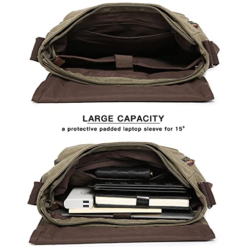 Dasein Large Vintage Canvas Messenger Shoulder Bag, Army Green, 15in Laptop Capacity