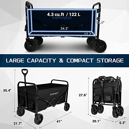 Kamopot Large Collapsible Wagon Foldable for Grocery, Beach, Park, Yard, 34 x 18 Inch Inner Storage. Folding Utility Shopping Cart on Wheels. Heavy Duty, Durable w/Cupholders (Black)