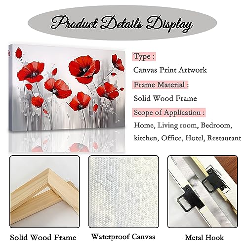 QIXIANG Red Poppies Flower Wall Art Poppy Blooming Canvas Painting Art Floral Oil Painting Prints Framed Bathroom Decor Ready to Hang (12.00" x 18.00", Poppies 1)