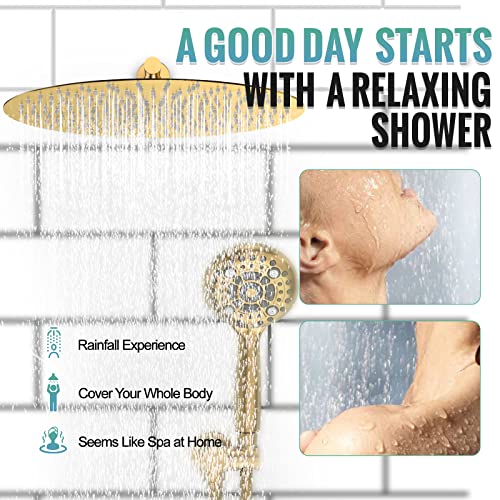 SR SUN RISE Shower Faucet - 3 Function High Pressure 10 Inch Shower System- 6 Setting Handheld Shower Head Fixtures- Valve Included Shower Faucet Set - Brushed Gold