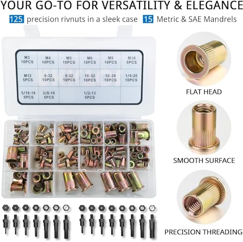 AKKTOL Rivet Nut Tool, 16" Rivnut Tool Kit with 15 Metric and SAE Mandrels, 125-PCS Rivet Nut Assortment Kit, Rugged Carrying Case, Ideal for Sheet Metal & Automotive Work