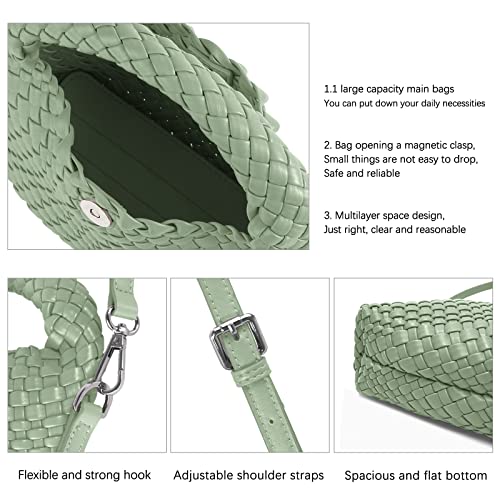 Women Woven Tote Small Crossbody Bag, Weave Quilted Purse Square Shoulder Bag Woven Handbag with Detachable Strap (L-Green)