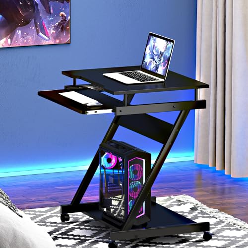 sogesfurniture Mobile Computer Desk, Small Rolling Work Workstation for Home and Office with Printer Shelf, Keyboard Drawers,23.6 x 18.9 x 28.7 Inches,BHUS-DX-8110-BB(Black)