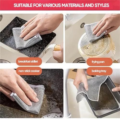 neogor Non-Scratch Wire Cleaning Dishwash Dishcloth, Kitchen Washcloths for Washing Dishes, Multipurpose Wire Dishwashing Rag for Wet and Dry(10PCS)(Double Layer), Silver