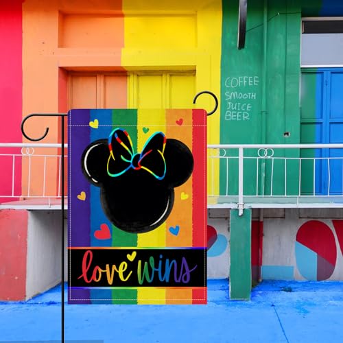 Dyrenson Love Rainbow Cartoon Mouse Decorative Garden Flag, LGBTQ Gay Lesbian Heart Yard Outside Pride Month Home Decoration, LGBT Bisexual Pansexual Burlap Outdoor Small Decor Double Sided 12 x 18