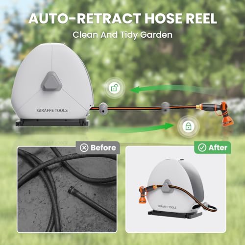Giraffe Tools Retractable Hose Reel 1/2 Inch x 82FT,Heavy Duty Ground Mount Garden Hose Reel, Automatic Rewind, Any Length Lock, with 9-Function Sprayer Nozzle & Flexible Swivel Base