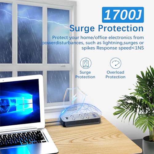 Power Strip Surge Protector with USB Ports (3A&1C),6FT Extension Cord, 6 AC Outlets, 1700 Joules Protection - Compact & Wall-Mountable, Ideal for Home, Office & Dorm (Bright Black)