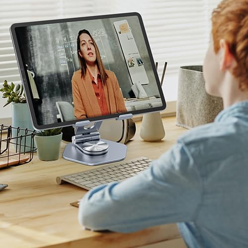 PHEVOS Foldable Desk Stand for Phone & Tablet, 360° Rotation Adjustable Portable Aluminum Metal Phone Holder,Compatible with All Phone, Portable Monitor, Samsung,iPad Tablet(4-13 in Grey)